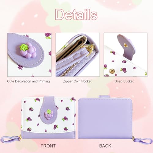 Image of Cute Print Wallet Blueberry Strawberry Cherry Wallet with Credit Card Holder Zipper Coin Purse for Women Girls (GRAPE)