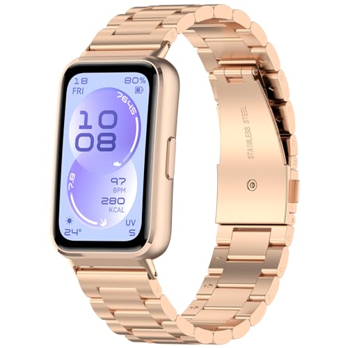 FoundEast Stainless Steel Band for Huawei Band 11 Series, Metal Replacement Watch Strap for Huawei Band 11 Pro/Band 11 / Band 11 NFC/Band 11 Pro NFC (Rose gold)
