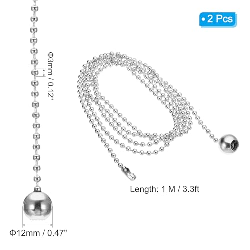 Image of PATIKIL 1M 3.3ft Ceiling Fan Pull Chain, 2 Pcs Beaded Pulls Cord Extender Ball Pendant for Fan Light Chandelier Table Lamp Pulling Switch, Silver Tone
