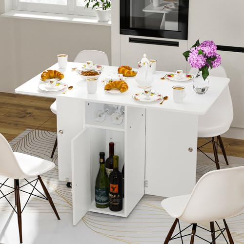Rcynview Mesa Plegable Comedor para 4-6 Personas Mesa Comedor Plegable con Ruedas y Alas Abatibles Mesa Abatible para Cocina Salón 110x70x78 cm Escritorio Plegable de Madera Blanco Mesa de Comedor