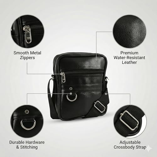 Image of Men's Leather Sling Bag Crossbody Messenger Shoulder Bag | Stylish Office Travel Side Bag with Multiple Compartments, Adjustable Strap & Secure Pockets for Daily Use