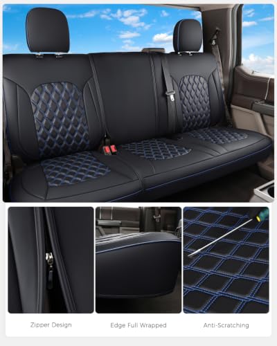 Image of Huidasource Custom Fit Ford F150 Rear Bench Split Leather Seat Covers Fit for 2015-2026 F150 SuperCrew & 2017-2026 F250 F350 F450 Super Duty Crew Cab Pickup King Ranch Platinum(Back Row /Black&Blue)