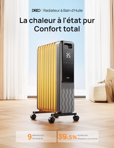 dreo radiateur à bain d'huile 2000w, 9 éléments mobile chauffage électrique avec thermostat, 4 modes, protection anti basculement et anti surchauffe, chauffage d'appoint portable, minuterie 1 24 h