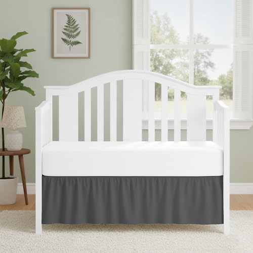 Image of Luxury Crib Bed Skirt 28 inch x 52 inch with 14 Inch Drop Soft & Breathable Dust Ruffle Fits Standard Crib and Toddler Bed Nursery Microfiber Fabric Ruffle Bed Skirt for Baby Boys or Girls Dark Grey Solid