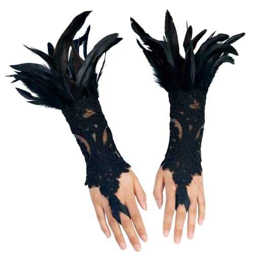 sigando Damen Schwarz Feder Spitze Lange Handschuhe für Braut Hochzeit Party