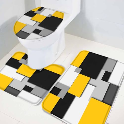 Yellow Gray Black Geometric Bathroom Rug Set - 3 Piece Non-Slip Mat