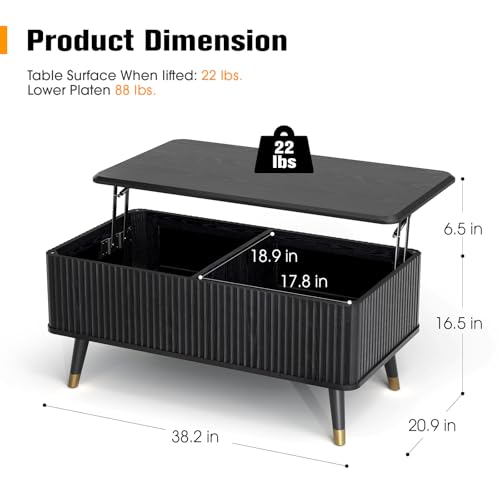 Image of JOINICE 38 inch Lift Top Coffee Table with Storage for Living Room,Black | Large Hidden Storage,Minimalist Modern Style,Fluted Center Table with Wooden Legs,Lifts to 23 inch,Holds 88lbs,Easy Assembly