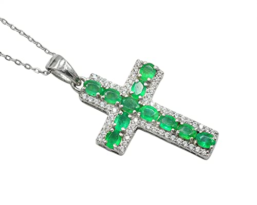 Natural 4X3 MM Oval Cut Zambian Emerald Gemstone 925 Sterling Silver Unisex Holy Cross Pendant Necklace Emerald Jewelry Christmas Gifts For Wife (PD-8278)