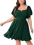 HICISI Womens Plus Size Cocktail Dress Square Neck Ruffle Short Sleeve Flowy Tiered A-Line Cute Mini Dress Emerald Green