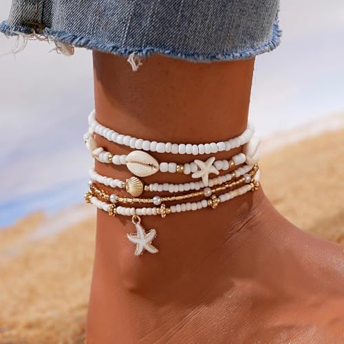 Image of Boho Shell Ankle Bracelet Set for Women, 5 Pairs 14K Boho Bead Handmade Adjustable Anklet, Hawaiian Beach Seashell Starfish Foot Jewelry Gifts
