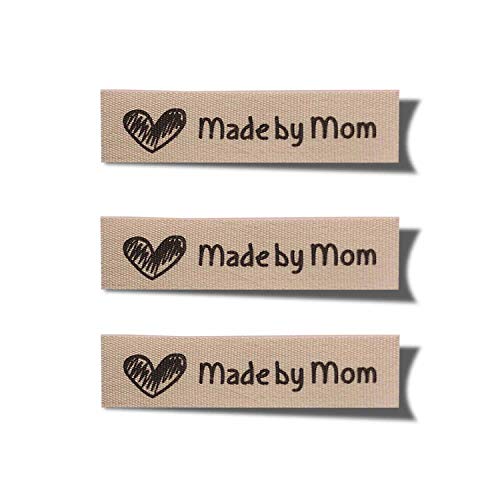 Wunderlabel Made by Mom Mother Crafting Art Fashion Woven Ribbon Ribbons Cotton Tag for Clothing Sewing Sew on Clothes Garment Fabric Heart Embroidered Label Labels Tags, Black on Cream, 75 Labels