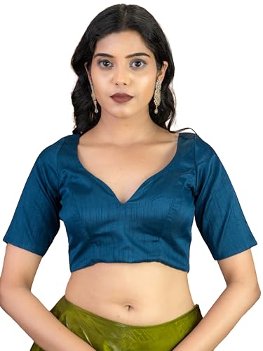Image of FIGURE'S DESIGNER Women's Dupion Raw Silk Half Elbow Sleeves Sweetheart V Neck Sabyasachi Cut Readymade Saree Blouse S10
