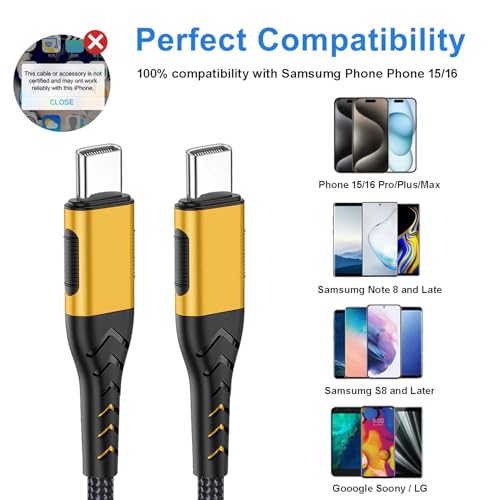 Image of Durcord USB C to USB C Cable, 2Pack 100W 6ft USB C Charger Cable Fast Charging for Android /Phone /Pad, Type C to Type C Charger Braided USB Cable Compatible with Phone 16 /15 Pro Plus Max Gold