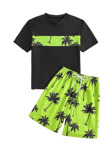 Sxiwei Kids Boys 2Pcs Swim Top with Shorts Set Bathing Suit Coconut Tree Print Rash Guard Swimsuit Beachwear