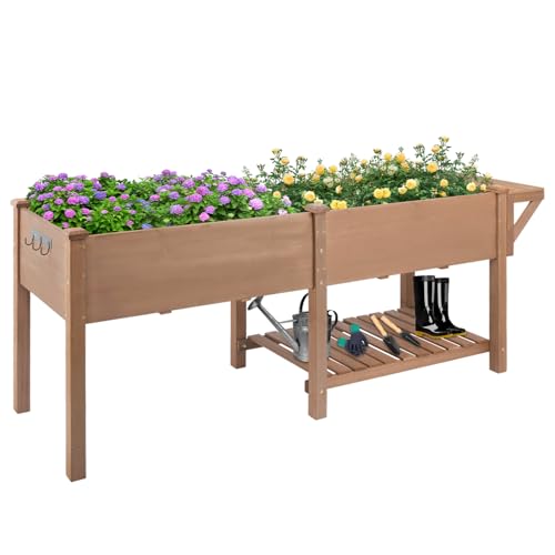 ketive Raised Garden Bed with Legs Wooden Planter Box for Outdoor Gardening Elevated Garden Bed with Storage Shelf, Hooks & Protective Liner for Vegetables, Flowers, Herbs (80x23x30 in, Brown)