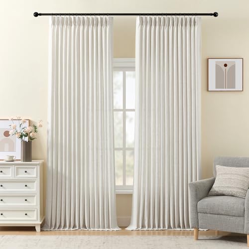 Pinch Pleated Linen Curtains 96 Inches Long for Living Room Thick Semi Sheer Light Filtering Memory-Trained Back Tab Drapes Natural Pinch Pleat Curtain with Hooks Rings for Bedroom Office 2 Panels