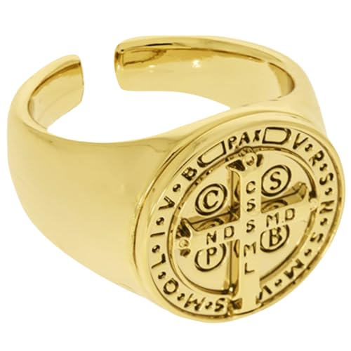 Anel Medalha De São Bento Masculino Aço Inoxidável Regulável (Dourado)