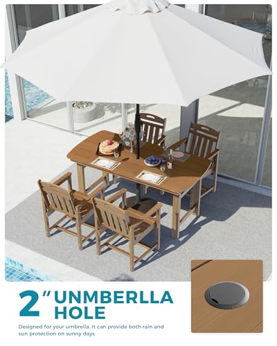 Image of Ciokea HDPE Outdoor Dining Set, 5-Piece Patio Table and Chairs Set with Umbrella Hole, All-Weather Patio Dining Sets for 4, Durable Patio Furniture for Backyard, Garden, Lawn & Poolside, Teak