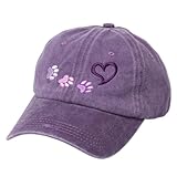 Paws to My Heart Distressed Cotton Baseball Cap Adjustable Embroidered Paw Print Heart Hat for Women Animal Lover Gift (US, Alpha, One Size, Purple)