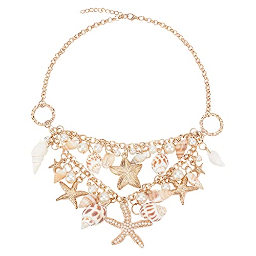 PH PandaHall Mermaid Shell Necklace Trendy Natural Shell Bib Beach Necklaces Starfish Conch Pendants with Iron Chains and Brass Lobster Claw Clasps Mermaid Costume Jewelry for Women, Golden, 19.6