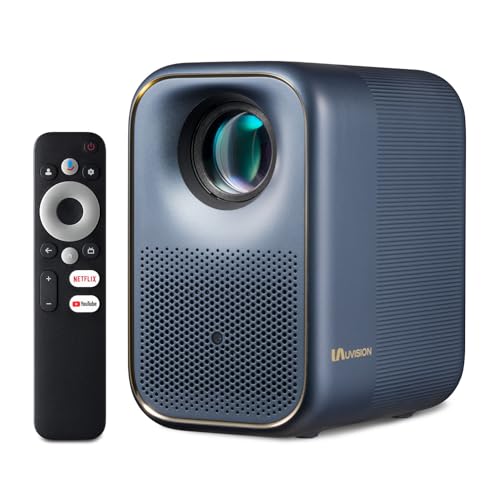 Smart projector with remote control featuring Netflix and YouTube buttons, designed for home entertainment and compatible with Google TV, enhancing smart home audio experience.
