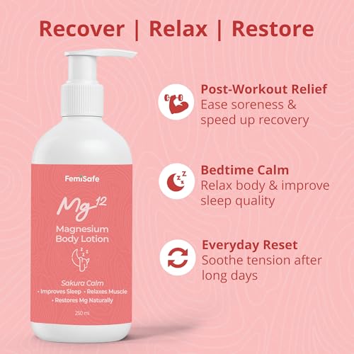 Image of FemiSafe Magnesium Sleep Body Lotion 20% Magnesium Chloride, Muscle & Leg Cramp Relief, Hydrating with Almond Oil, Chamomile, Lavender, Vitamin E + Aloe, Better Sleep Quality, Non-Greasy, 250ml