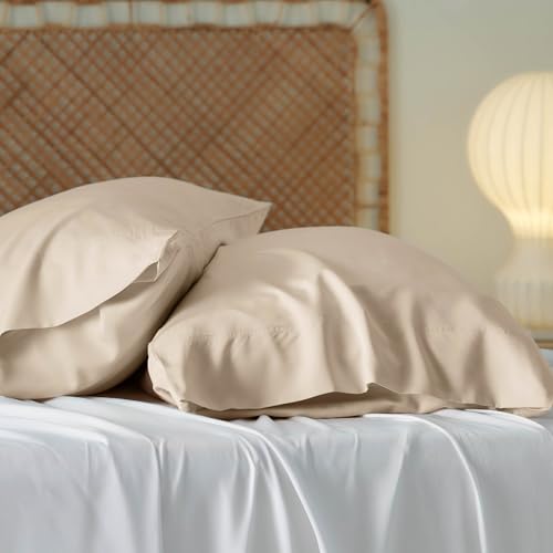 Bedsure Cooling Pillow Cases Queen Size Set of 2, Rayon Derived from Bamboo Queen Pillowcases, Beige Pillow Cases, Breathable & Silky Soft Bedding Pillow Covers with Envelope Closure, 20x30 Inches