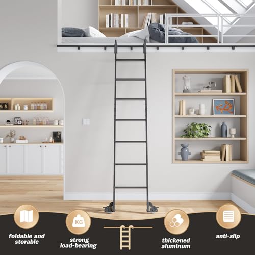 Image of Fredbeck 8ft Rolling Library Ladders Black 96 inch with 4FT Sliding Track Kit | Rolling rollers,Bottom Wheel Included,for Kitchen,Loft,Warehouses,Bookstore,Atti,Dressing Room,Metal