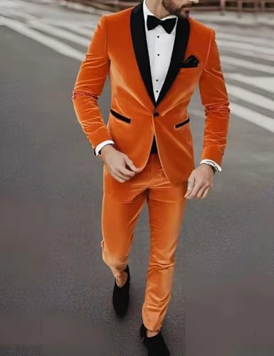 ONAXTDA Men's Velvet Jacket Pants Set Suit One Button 2 Piece Business Formal Party Tuxedo2