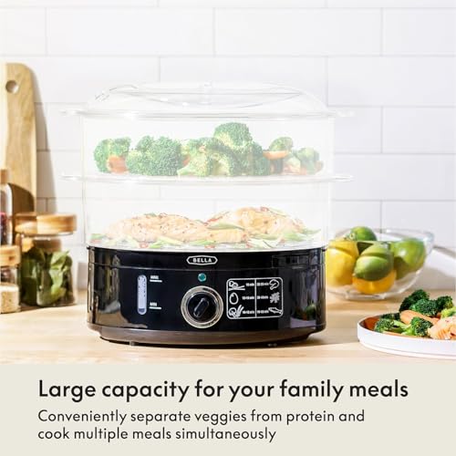 BELLA Two Tier Food Steamer with Dishwasher Safe Lids and Stackable Baskets & Removable Base for Fast Simultaneous Cooking - Auto Shutoff & Boil Dry Protection, Stainless Steel, 7.4 QT, Black