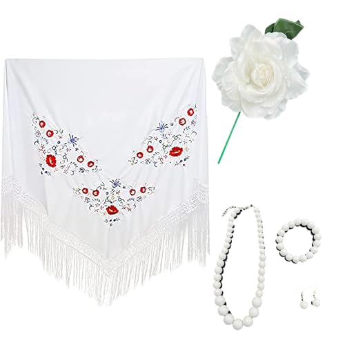 Pack accesorios flamenca mujer para feria de abril, mantón, Flor Rosa artificial con palo, bisutería perlas de plástico, traje flamenco, sevillanas (Pack Blanco Flor Blanca 6pcs, Mantón 150*70)