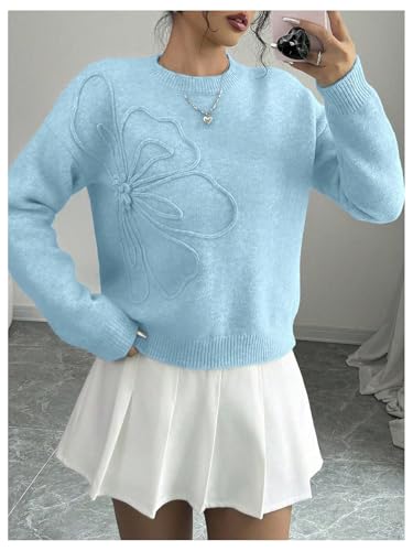 Image of RoseSeek Women's 3D Floral Appliques Crewneck Sweaters Long Sleeve Drop Shoulder Pullovers Elegant Knit Tops