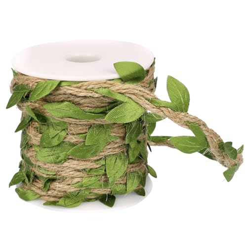 Natural Jute Twine With Green Leaf Ribbon – 33Ft Decorative Vine Rope For Gardening, Plant Hanging, Crafts, Gift Wrapping, And Diy Projects (Jute Twine + Dark Green)