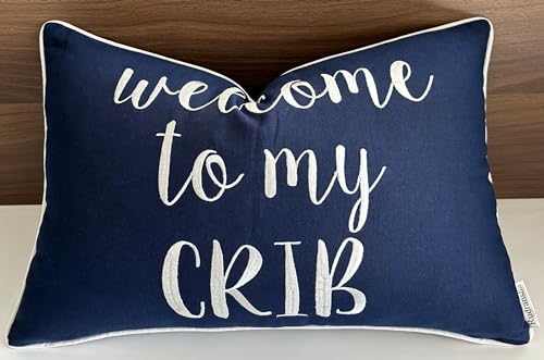 Image of Rudransha Welcome to My Crib Embroidered Lumbar Accent Throw Pillow Cover - Nursery Decor - 12x18, Navy Blue