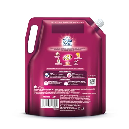 Image of UJALA Young & Fresh Fabric Conditioner - 2L Pouch [ Aura ] | After Wash Fabric Conditioner with Long-Lasting Fragrance | Powered with French Perfume | Suitable for Bucket Wash and Machine Wash,Liquid