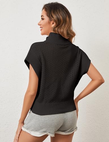 Image of Womens Spring Cap Sleeve Crochet Sweaters Loose Fit Quarter Zip Lightweight Hollow Out Beach Vacations Clothes