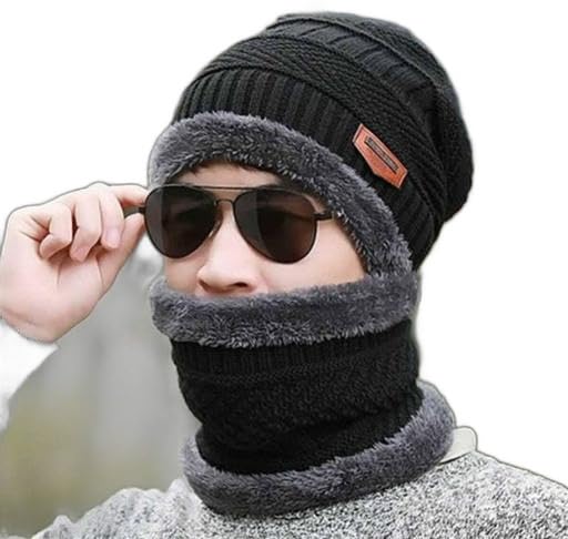 Ultra Soft Unisex Woolen Beanie Cap + Neck Muffler Scarf Set for Men and Women (Black Color, 1 Pcs)-image-14
