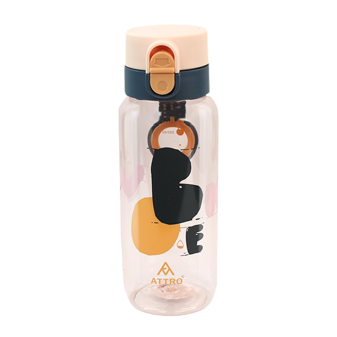 Attro Ben Cute and Convenient Cartoon Printed Kids Plastic Water Bottle with Designer Hand Strap & Flip Lid BPA-Free,Leak-Proof,Easy to Clean-Perfect for School,Sports and Travel 650ml,Peach