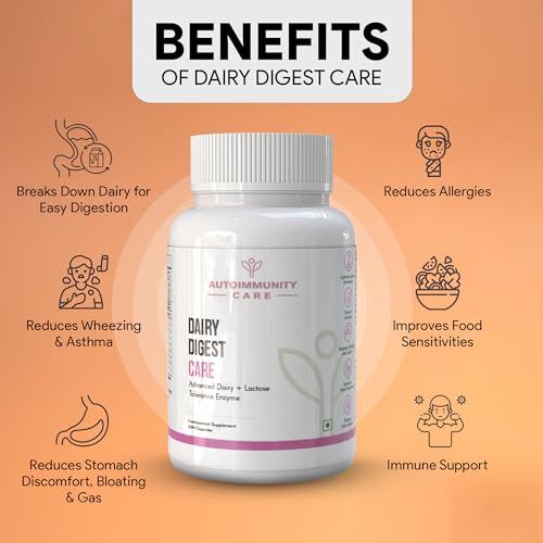 Image of Autoimmunity Care Dairy Digest Care | Digestive Enzyme Capsules for Lactose Intolerance | Lactase Enzyme Tablets to Digest Milk, Dairy Proteins & Fats | Reduces Gas, Bloating & Discomfort | 60 Caps (60 doses)