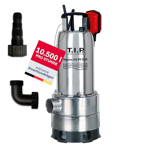 T.I.P. Edelstahl Schmutzwasser Tauchpumpe Duo-Ring, 20.000 l/h, 800W, Flachsaugend, 30mm Korngröße, 8m Förderhöhe, IPX DUO Effizient, Zuverlässig, MAXIMA 350 IPX DUO, 30274