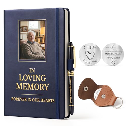 EliteSign Memorial Leather Journal with Photo Window, Sympathy Gifts for Loss of Loved One in Heaven, In Loving Memory Notebook A5 Grief Journal, 200 Pages with Pen & Pocket Hug Keychain (Blue)