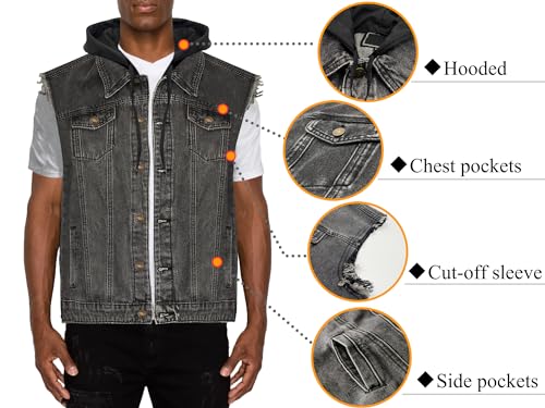 Men's Casual Button-Down Denim Vest Trucker Jean Jacket with Hoodie (XX-Large, Black Ripped)3