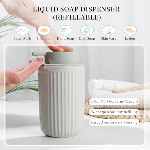Image of BosilunLife Light Grey Ceramic Bathroom Accessories Set of 4 | Bathroom Decor Sets Accessories Bathroom Lotion Soap Dispenser and Toothbrush Holder Set, Soap Dish, Apothecary Jars.(Liquid)