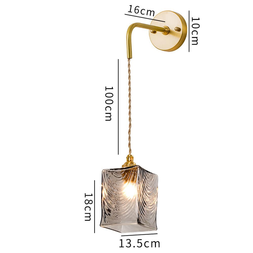 Applique da Parete Moderna in Vetro Grigio Fumo, Rettangolare, in Ottone, con Paralume Semitrasparente, Finitura ondulata, apparecchio di Illuminazione per Interni Regolabile, Stile retrò Vintage