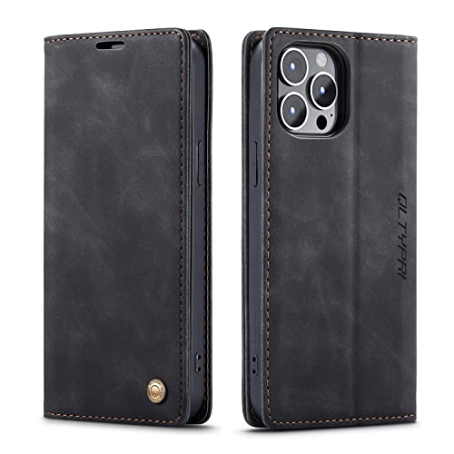 Coque iPhone 14 Pro Max QLTYPRI Etui Portefeuille en Cuir PU Vintage Noir avec Fentes Cartes