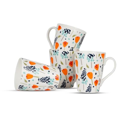 Image of Dandy Lines Conical Floral Fusion Milk Mug, Ceramic, Pack of 4, Microwave & Dishwasher Safe, Great for Home Use & Gifting
