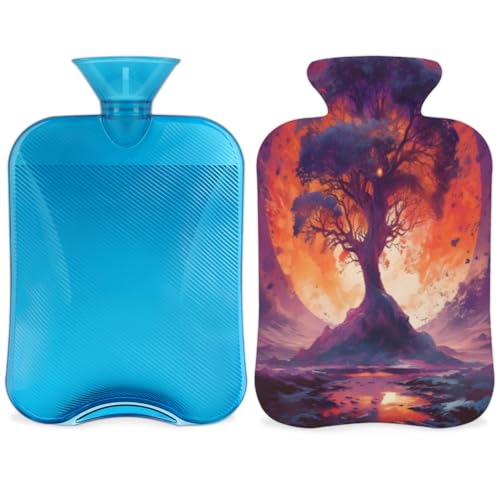 Hot Water Bottle with Soft Cover,2L Abstract Tree Hot Water Bag for Hot and Cold Compress, Hand Feet Warmer, Sunset Tree Rubber Hot or Cold Water Bottle Halloween Christmas Decorations