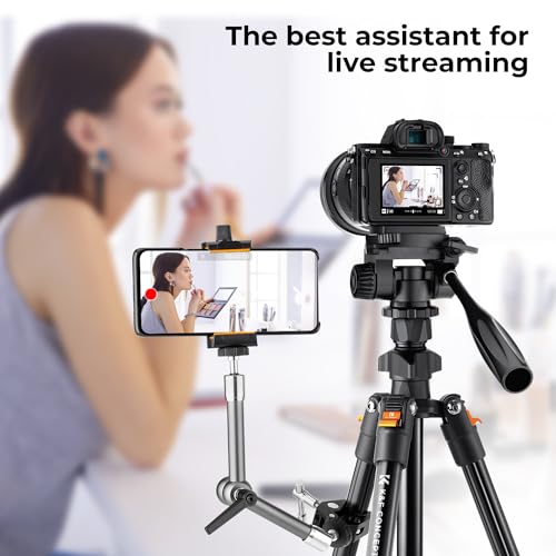 K&F Concept 70 inch/177cm Video Tripod,Lightweight Travel Tripod with 3-Way Swivel Pan Tilt Head Load 3kg/6.6 lbs,Cellphone Holder Smartphone Clip Quick Release Plate, for Phone SLR DSLR Camera K234A0