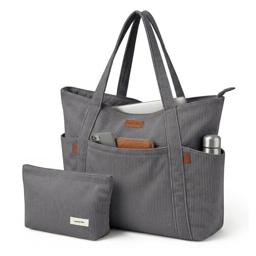 Captain Blues Cord Tasche Damen, Große Tote Bag mit Laptopfach, Shopper Tasche Damen mit Reißverschluss und weichem Baumwollfutter, Arbeitstasche für Uni, Schule, Lehrer (Grau)