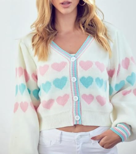 Image of Valentine's Day Cardigan Sweaters for Women Love Heart Print Button Down Cropped Cardigans Y2K Open Front Knit Sweater